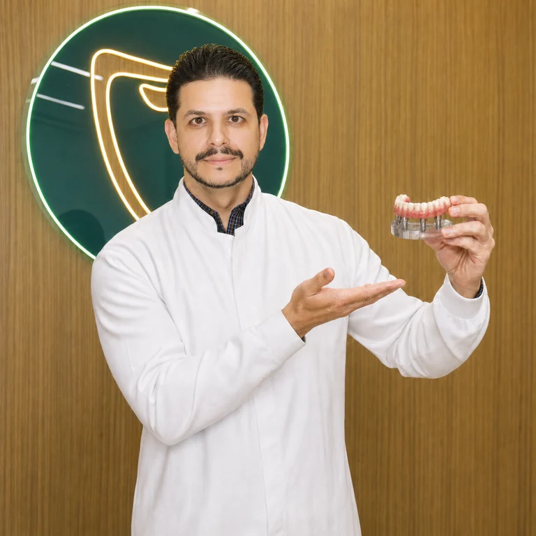 Dr. Lucas Issa segurando uma prótese protocolo na OdontoCompany Mandacaru