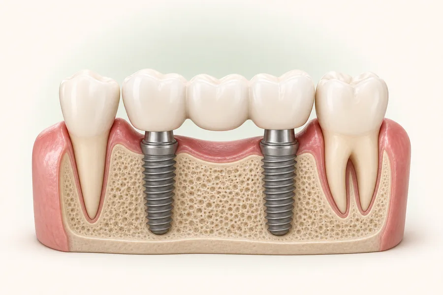 Ilustração educativa de uma ponte fixa apoiada sobre dois implantes