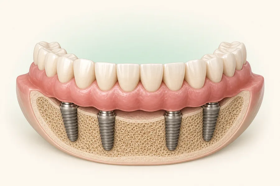 Ilustração educativa de uma arcada completa fixa apoiada sobre quatro implantes